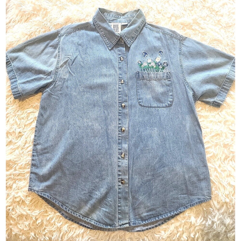 Mississippi River Blues Button Up Shirt Womens Med Blue Embroidered Short Sleeve
